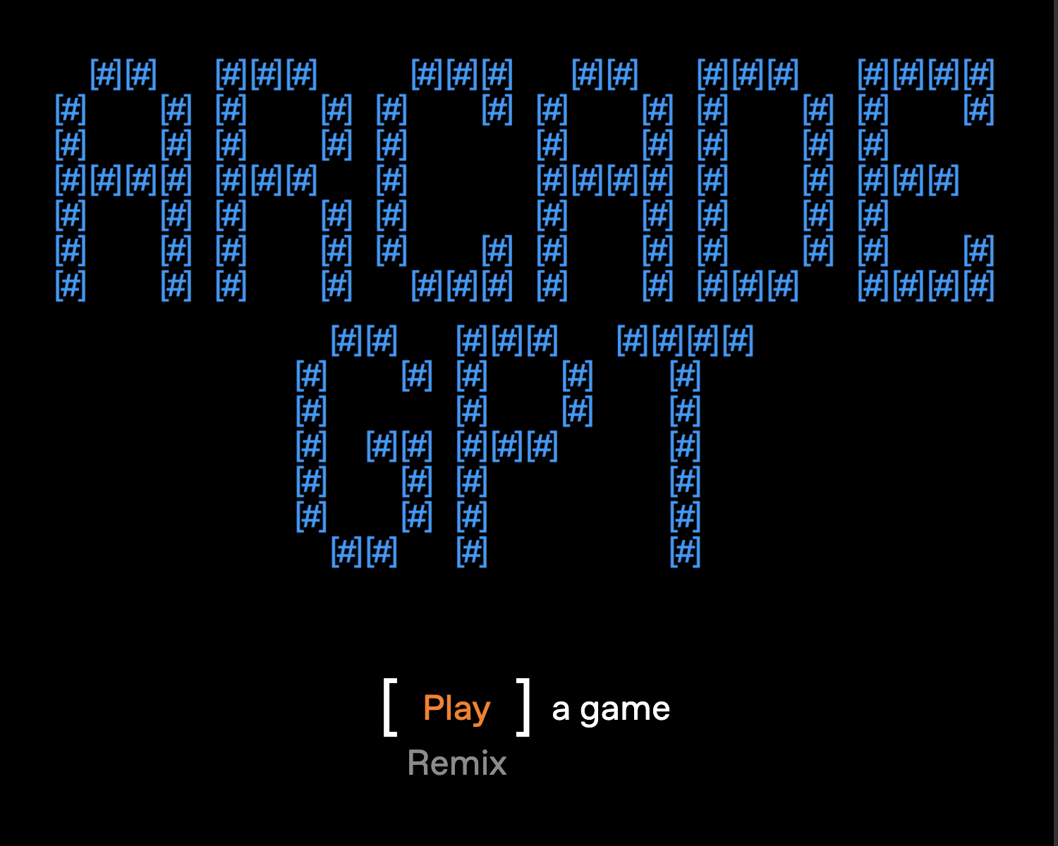 A screenshot of the ArcadeGPT title screen