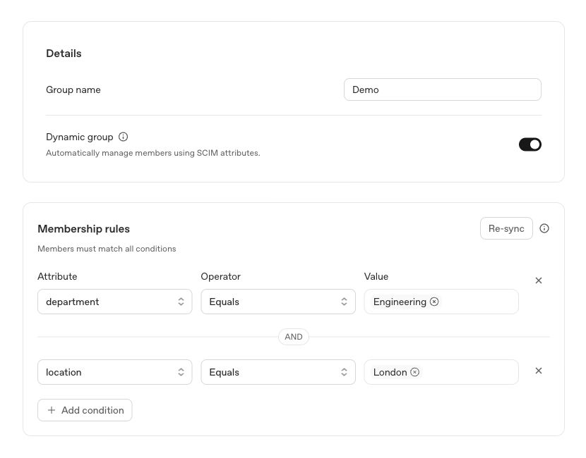 Demo settings with the saved dynamic membership rules and Re-sync button