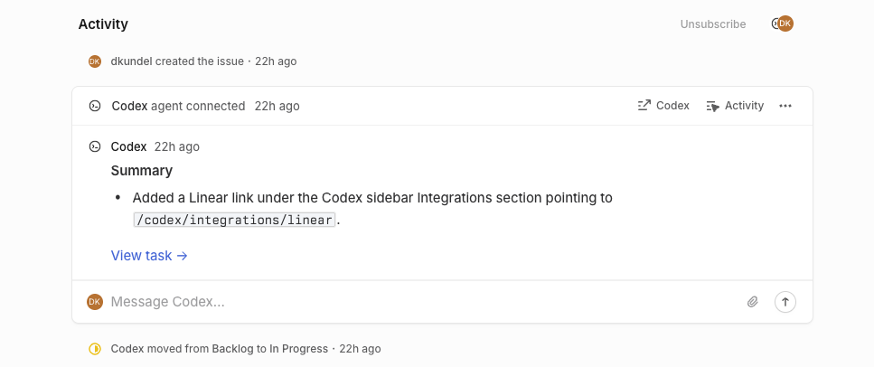 Screenshot of a successful Codex task started in Linear