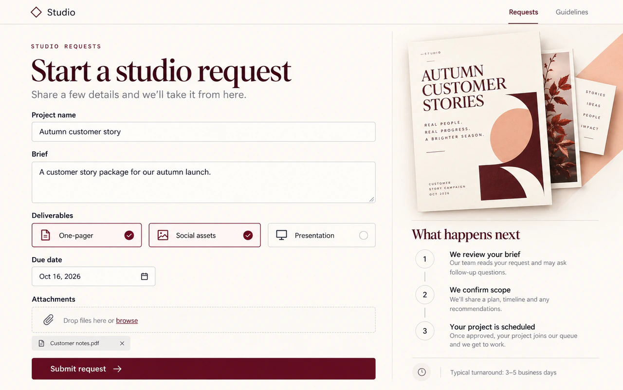 Illustrative creative request form with project name, brief, deliverables, due date, attachments, and a submit action.