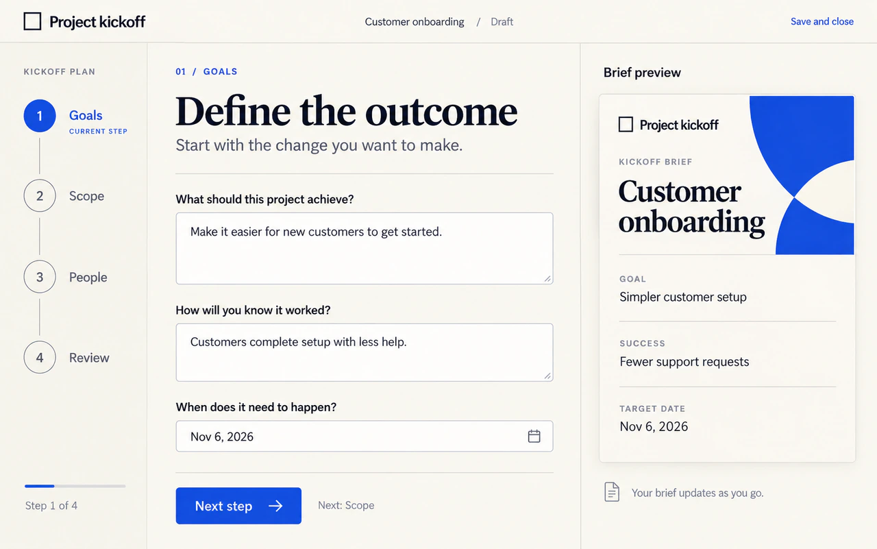 Illustrative project kickoff guide with numbered steps, focused planning questions, a progress indicator, and a next-step action.