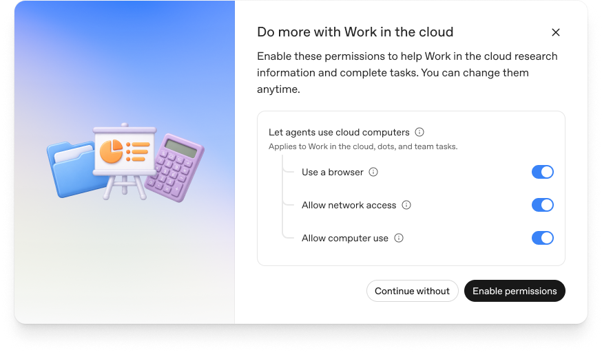 Do more with Work in the cloud permission prompt with Use a browser, Allow network access, and Allow computer use enabled.