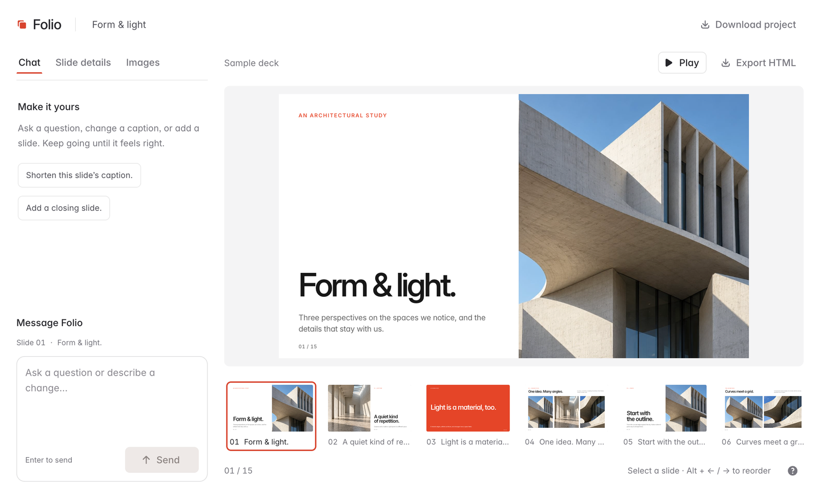 Folio’s presentation editor and slide thumbnails.