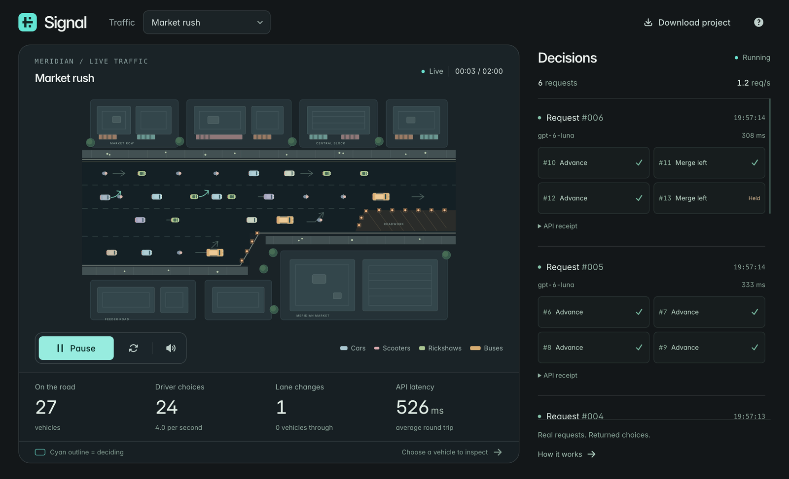 Signal’s live traffic simulation and vehicle decision log.